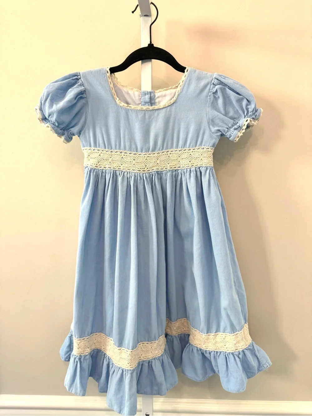 Smockingbird Girls Blue Cotton Lace Dress Puff Sleeve Ruffle Size 5